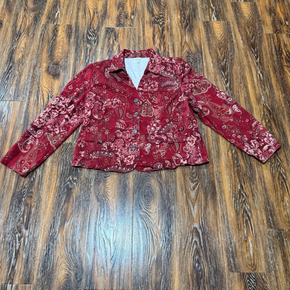Women's XL Jacket Women Red Paisley Floral Button Front Cotton Blazer
